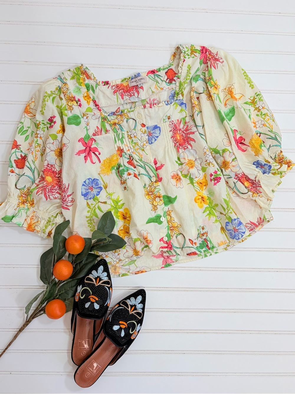 Laura Ashley Multicolor Floral Button Up Linen Top